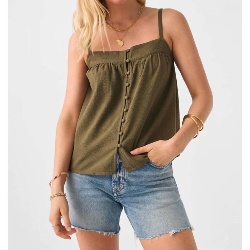 Faherty Marina Seersucker Button Front Top olive green organic cotton blend NWT